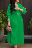 Purple V Neck Long Sleeve With Belt Casual Formal Office Lady A Line Pleated Maxi Dresses
