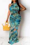 Beige Floral Print O Neck Sleeveless Party Evening Party Bodycon Maxi Dresses