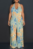 Beige Floral Print Lace Up Sleeveless Backless Loose Straight Leg Halter Jumpsuits