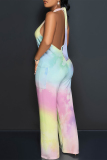Light Yellow Tie Dye Gradient Print Lace Up Backless Contrast Halter Loose Straight Leg Jumpsuits