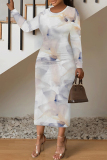 Green National Totem Print O Neck Long Sleeve Casual Bodycon Midi Dress