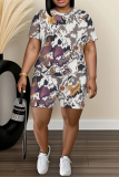 Blue Orange Graphics Print O Neck Short Sleeve Oversize T Shirt And Shorts Set Sportwear Plus Size Two Piece Matching Set