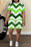 Blue Graphics Print O Neck Short Sleeve Oversize T Shirt And Shorts Set Casual Sportwear Plus Size Two Piece Matching Set