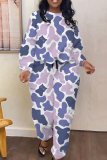 Blue Purple Leopard Print O Neck Long Sleeve Sweatshirt And Pants Sportwear Casual Two Pieces Jogger Set