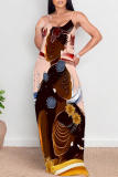 Blue Yellow Graffiti Print Backless Spaghetti Strap Floor Length Vacation Baggy Plus Size Sundress Slip Maxi Dress