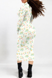White Floral Print Half A Turtleneck Long Sleeve Vacation Bodycon Maxi Dresses