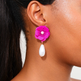 Rose Red Three-Dimensional Flowers Pearls Decor Water Drop Pendant Earrings