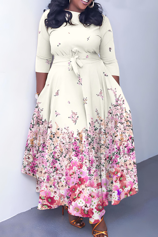 Pink Graphics Print O Neck 3/4 Sleeve Belted Pockets Long Vacation Casual Pleated A Line Maxi Dresses