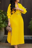Purple V Neck Long Sleeve With Belt Casual Formal Office Lady A Line Pleated Maxi Dresses