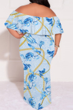 Light Blue Floral Print Off Shoulder Flutter Sleeve Long Loose Vacation Plus Size Maxi Dresses