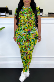 Rose Red Graphics Print O Neck Short Sleeve T Shirt and Skinny Pants Casual Two Pieces Trouser Sets