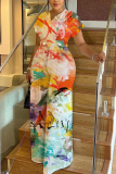 Yellow Tie Dye Print V Neck Short Sleeve Casual Vacation Wide Leg Jumpsuits
