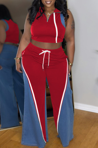 Green Zipper Collar Sleeveless Lace Up Contrast Denim Crop Tops And Wide Leg Pants Casual Two Pieces Trouser Seets