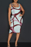 White Graphics Print U Neck Sleeveless Vacation Bodycon Midi Tank Dress
