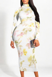 White Floral Print Half A Turtleneck Long Sleeve Vacation Bodycon Maxi Dresses