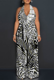Blue Tiger Stripes Geometric Print Lace Up Backless Contrast Halter Loose Straight Leg Jumpsuits