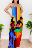 Blue Yellow Graffiti Print Backless Spaghetti Strap Floor Length Vacation Baggy Plus Size Sundress Slip Maxi Dress