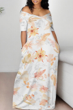 Camouflage Geometric Flowers Print V Neck Short Sleeve Floor Length Casual Loose Vacation Baggy Maxi T-shirt Dress
