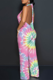 Light Yellow Tie Dye Gradient Print Lace Up Backless Contrast Halter Loose Straight Leg Jumpsuits