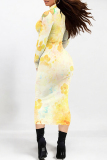 White Floral Print Half A Turtleneck Long Sleeve Vacation Bodycon Maxi Dresses