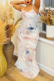 Light Blue Graphics Print Backless Sleeveless Spaghetti Strap Floor Length Long Baggy Vacation Maxi Slip Dresses