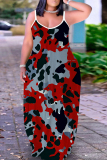 Purple Red Graphics Print Backless Spaghetti Strap Sleeveless Vacation Loose Long Maxi Slip Dresses