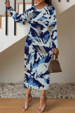 Green National Totem Print O Neck Long Sleeve Casual Bodycon Midi Dress