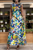 Blue Yellow Tie Dye Print Sleeveless O Neck Pocket Casual Loose Vacation Maxi Dresses