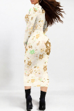 White Floral Print Half A Turtleneck Long Sleeve Vacation Bodycon Maxi Dresses