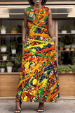 Blue Yellow Tie Dye Print Sleeveless O Neck Pocket Casual Loose Vacation Maxi Dresses