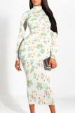 White Floral Print Half A Turtleneck Long Sleeve Vacation Bodycon Maxi Dresses