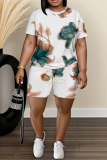 Blue Graphics Print O Neck Short Sleeve Oversize T Shirt And Shorts Set Casual Sportwear Plus Size Two Piece Matching Set