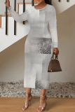 Green National Totem Print O Neck Long Sleeve Casual Bodycon Midi Dress