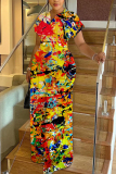 Yellow Tie Dye Print V Neck Short Sleeve Casual Vacation Wide Leg Jumpsuits