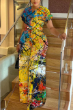 Yellow Tie Dye Print V Neck Short Sleeve Casual Vacation Wide Leg Jumpsuits