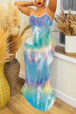 Light Blue Graphics Print Backless Sleeveless Spaghetti Strap Floor Length Long Baggy Vacation Maxi Slip Dresses