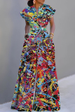 Multicolor Graphcis Print V Neck Short Sleeve Casual Vacation Wide Leg Jumpsuits