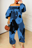 Dark Blue White Graphics Print Off Shoulder Long Sleeve Casual Vacation Harem Leg Jumpsuits