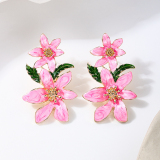 Pink Metallic Colored Oil Dripping Flowers Vacation Earrings