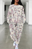 Blue Purple Leopard Print O Neck Long Sleeve Sweatshirt And Pants Sportwear Casual Two Pieces Jogger Set