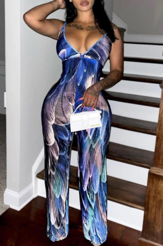 Royal Blue Graphcis Print Sleeveless Deep V Neck Casual Wide Leg Cami Jumpsuits