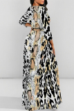 Golden Tiger Stripes Leopard Snakeskin Print Lace Up Belted Long Sleeve O Neck Casual Swing Maxi Dresses