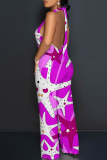 Blue Tiger Stripes Geometric Print Lace Up Backless Contrast Halter Loose Straight Leg Jumpsuits