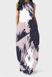 Dark Blue Gradient Colorblock Print Sleeveless O Neck Pocket Casual Loose Maxi Tank Dresses