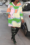 Orange Graphics Print V Neck Long Sleeve Pockets Loose Casual Mini Dresses