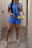 Khaki Turndown Collar Short Sleeve Blouse And Cami Romper Casual Two Pieces Sets