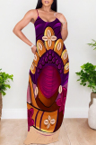 Blue Yellow Graffiti Print Backless Spaghetti Strap Floor Length Vacation Baggy Plus Size Sundress Slip Maxi Dress