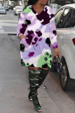 Orange Graphics Print V Neck Long Sleeve Pockets Loose Casual Mini Dresses