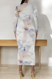 Green National Totem Print O Neck Long Sleeve Casual Bodycon Midi Dress