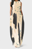 Dark Blue Gradient Colorblock Print Sleeveless O Neck Pocket Casual Loose Maxi Tank Dresses